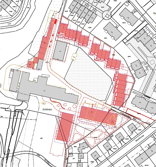 Der Situationsplan für die Wohnüberbauung auf dem Schönau Areal zeigt in rot links oben das Baufeld C, dann nördlich und östlich des Wäldchens die Baufelder D sowie südlich die Baufelder E mit den beiden Mehrfamilienhäusern. Situationsplan der Wohnüberbauung auf dem Schönau Areal in Wetzikon.